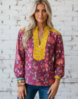 Floral Patchwork Split V-Neck Blouse