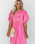 Stripe Bow Tie Front Short Puff Sleeve Dress
