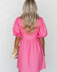 Stripe Bow Tie Front Short Puff Sleeve Dress