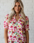 Floral Frilled V-Neck Short Puff Sleeve Blouse
