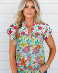 Floral Flutter Sleeve Split Neck Buttoned Blouse