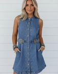Western Denim Belted Button Down Sleeveless Dress