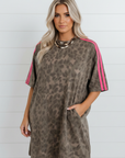 Leopard Contrast Stripe Mini T-Shirt Dress w/ Pockets
