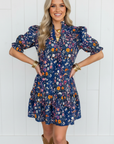 Floral Split Neck Puff Sleeve Mini Dress