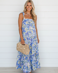 Floral Self-Tie Straps Ruffle Flowy Maxi Dress