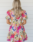 Floral Ricrac Trim Stripe Patchwork V-Neck Dress