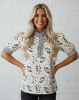 Floral Stripe Patchwork Ruffle Buttoned Short Sleeve Blouse