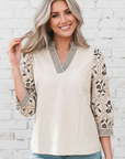 Floral Patchwork Contrast V-Neck Puff Sleeve Blouse