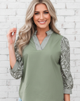 Floral Patchwork Contrast V-Neck Puff Sleeve Blouse