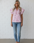 Floral Ruffle Sleeve V-Neck Blouse