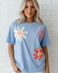 Floral Patch Exposed Stitching Crew Neck Tee