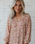 Floral Pleated Notched Neck Puff Sleeve Blouse