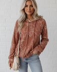 Floral Corded Knit Drawstring Kangaroo Pocket Hoodie