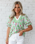 Floral Ricrac Trim V-Neck Bubble Sleeve Blouse