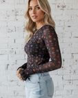 Floral Smock Cuff Mesh Slim Fit Bodysuit