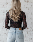 Floral Smock Cuff Mesh Slim Fit Bodysuit
