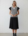 Stripe Collar V-Neck Ruffle Short Sleeve Blouse