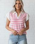Stripe Collar V-Neck Ruffle Short Sleeve Blouse
