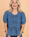 Tied Front Bubble Sleeve Peplum Denim Shirt