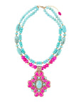 Barcelona Pink Agate Cross Golden Pendant Necklace