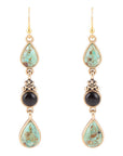Barcelona Blue Turquoise and Black Onyx Linear Drop Golden Earrings