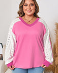 Bonbon Lace Striped Patchwork Long Sleeve Corded V Neck Plus Size Top