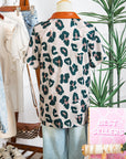 Leopard Buttoned Contrast Collar Short Sleeve Blouse