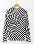 Checker Mesh Mock Neck Long Sleeve Top