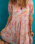 Floral Puff Sleeve V-Neck Tiered Mini Dress