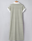 Stripe Collared V-Neck Short Sleeve Midi Dress