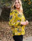 Floral V-Neck Ruffle Trim Long Sleeve Blouse