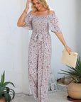 Floral Smocked Short Sleeve Wide Leg Jumpsuit
