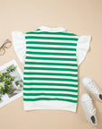 Stripe Collar V-Neck Ruffle Short Sleeve Blouse