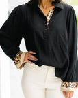 Black Contrast Leopard Print Patchwork Polo Collar Buttons Front Ruffled Long Sleeve Blouse