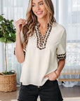 Leopard Patchwork Trim Split Neck Blouse