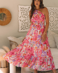 Abstract Floral One-Shoulder Shirred Maxi Dress