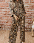 Leopard Collared 3/4 Sleeve Shirt and Pants Set