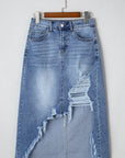 Alexis Irregular Distressed Bottom Denim Midi Skirt