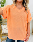 Solid Waffle Knit V-Neck Short Sleeve Top