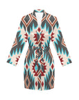 Turquoise Burgandy Aztec Women's Belted Satin Feel Dressing Lounge Robe