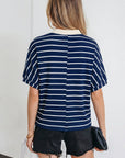 Stripe Stand Collar V-Neck Dolman Sleeve Top