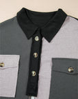 Colorblock Collared Ribbed Patchwork Pocketed Sweatshirt