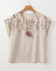 Louisa Embroidered Short Sleeve Tassel Tied Blouse