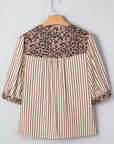 Stripe Leopard Trim V-Neck Buttoned Short Sleeve Shirt