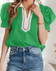 Colorblock Ricrac Trim Collared Short Sleeve Blouse