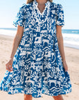 Floral Ricrac Trim Split Neck Tiered Mini Dress