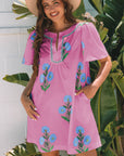 Floral Short Sleeve Split Neck Mini Dress