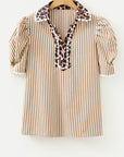 Leopard Patchwork Collared V-Neck Puff Sleeve Blouse