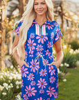 Floral Stripe Quarter-Zip Cap Sleeve Mini Dress