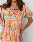 Flower Split V-Neck Short Sleeve Blouse